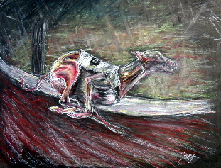 dog pictures. drawing of a racing greyhound drawing,  oil pastel by Tom Conway.