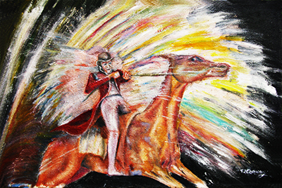 horse and rider painting by artist Tom Conway titled jump the rainbow 